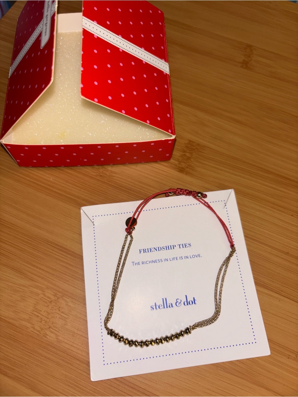 Stella & Dot Red Cord Friendship Tie Bracelet with Gold Beads